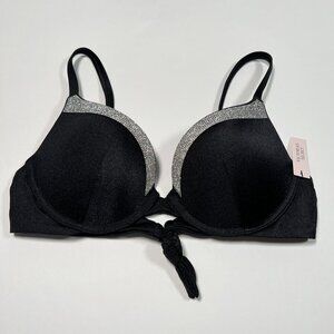 Victoria Secret 32DD VERY SEXY Push Up Bikini Top Shine Trim Back Tie Black